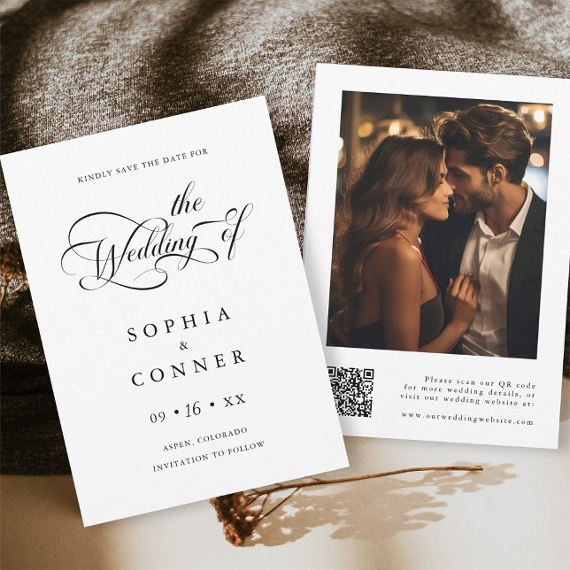Save The Date Charme élégant Script Mariage photo QR Code (Front & Back)