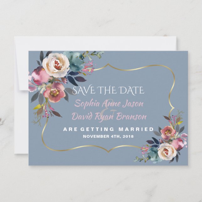 Save The Date Charme Poussière Bleu Brumeux Rose Or Mariage (Devant)