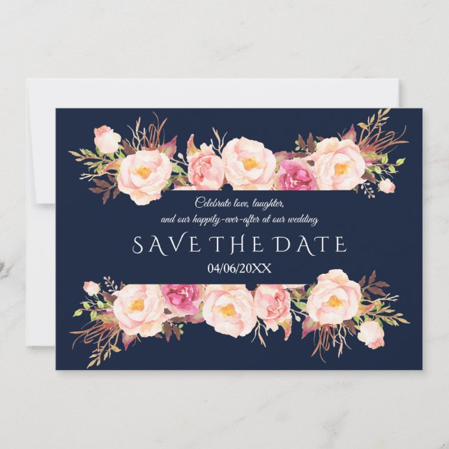 Save The Date Charme rose Floral Cadre bleu marine Mariage (Devant)