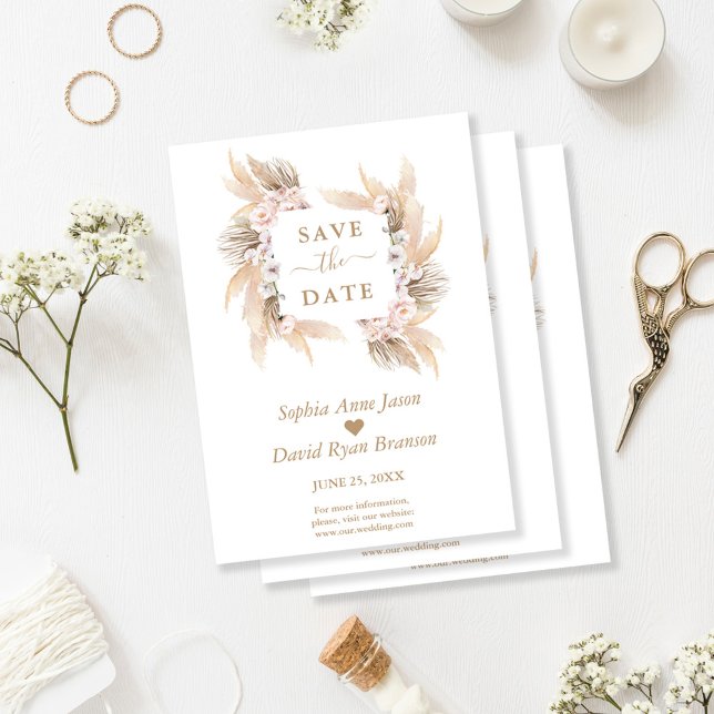 Save The Date Charme rose Roses Orchidée Blanche Pampas Mariage  (pampas grass orchid wedding save the date trendy elegant)