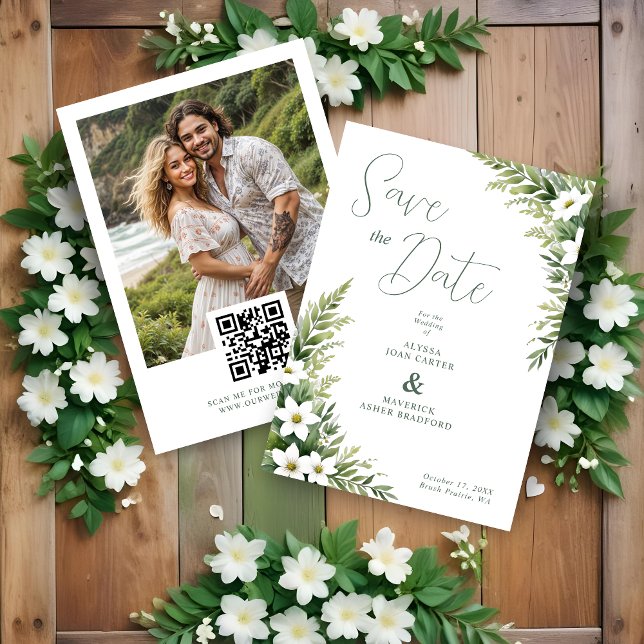 Save The Date Charming Exuberant Green Foliage Garland Wedding (Charming Exuberant Green Foliage Leaves Garland Wedding Save the Dates Cards with Photo and QR Code.)