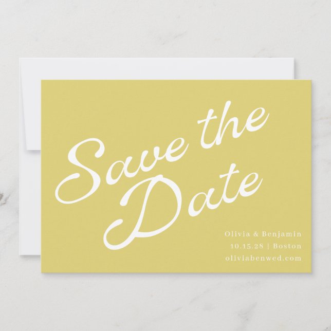 Save The Date Chartreuse Jaune Tropical Mariage Rétro Script (Devant)