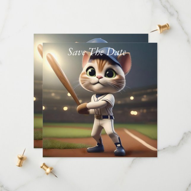 Save The Date Chat de baseball 3D amusant, (Devant/Arrière en situation)