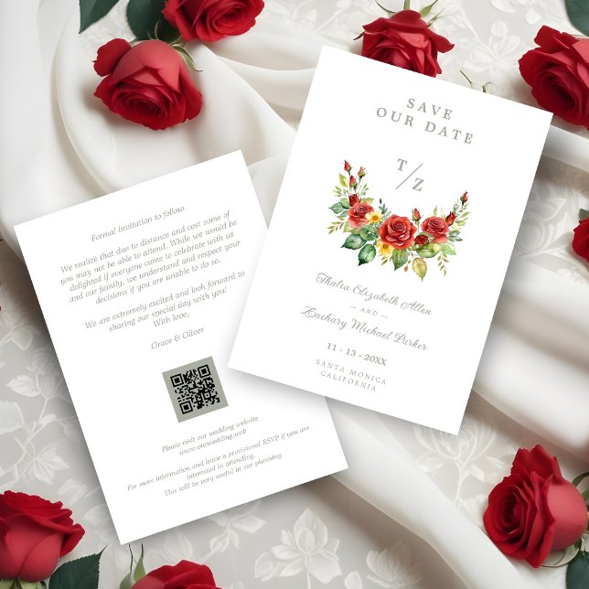 Save The Date Cherish Spring Floral Red Garland Wedding Initials (Cherish Cute Spring Floral Red Garland Wedding Initials Save de Dates Cards.)