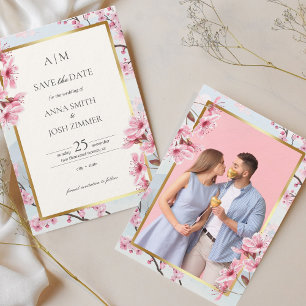Save The Date Cherry Blossom Japon Elegant Blush Gold Photo