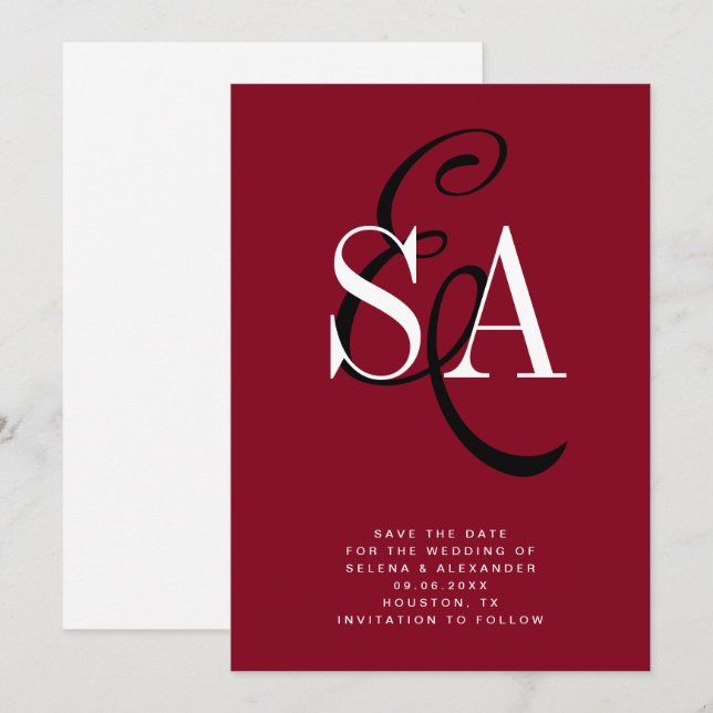 Save The Date Cherry Red Elegant Script Monogram Mariage (Devant / Derrière)
