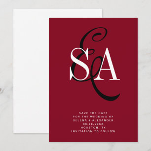 Save The Date Cherry Red Elegant Script Monogram Mariage