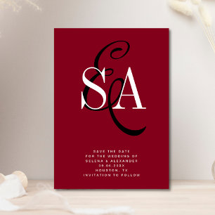 Save The Date Cherry Red Elegant Script Monogram Mariage