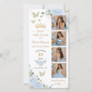 Save The Date Chic Baby Blue Floral Gold Photomaton Quinceanera