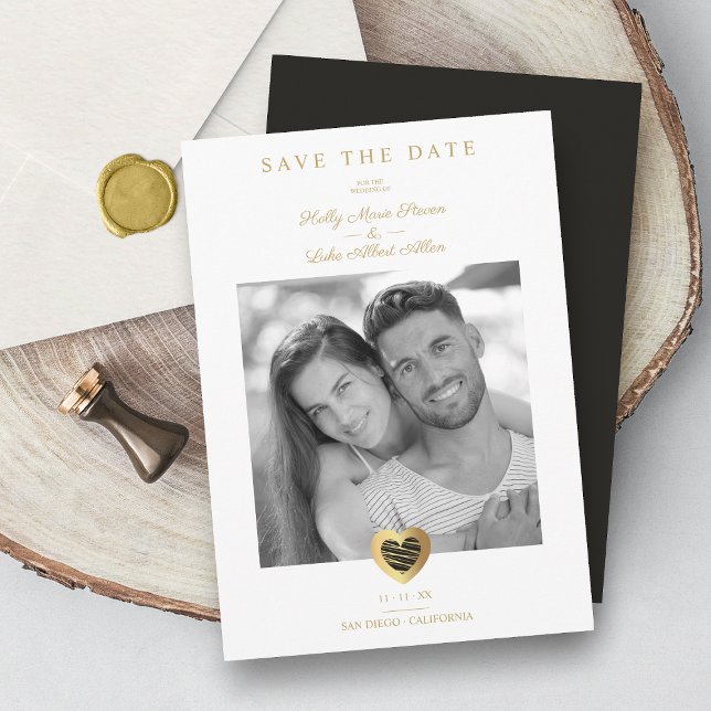 Save The Date Chic Black & Gold Heart Photo Couple Mariage (Créateur téléchargé)