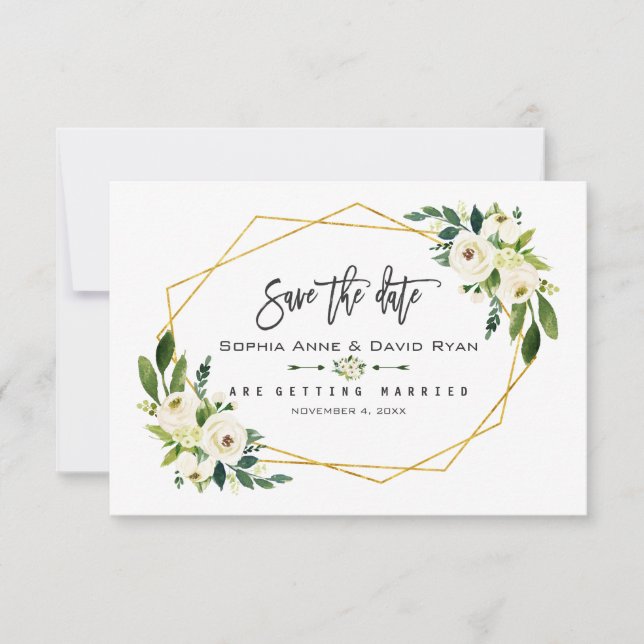 Save The Date Chic Blanc Floral Gold Frame Photo Enregistrer La  (Devant)