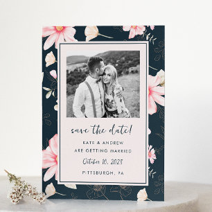 Save The Date Chic Blush Floral Blue Mariage Photo Enregistrer l