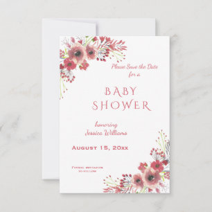 Save The Date Chic classy Red Floral Watercolor Baby Shower