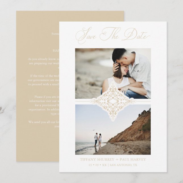 Save The Date Chic Gold 2 Photos Ornament Sophisticated Wedding (Devant / Derrière)