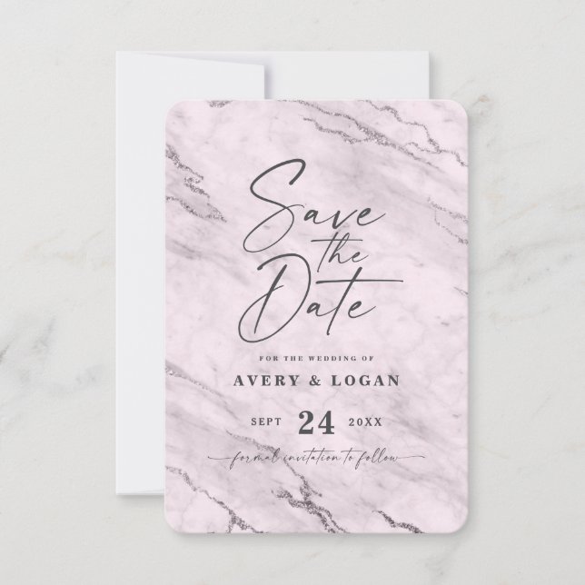 Save The Date Chic marbre rose mauve avec huile violette Détails (Devant)