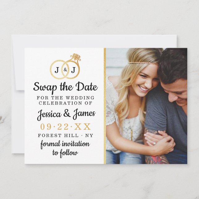 Save The Date Chic Monogramme Mariage Anneaux Enregistrer Ou Éch (Devant)