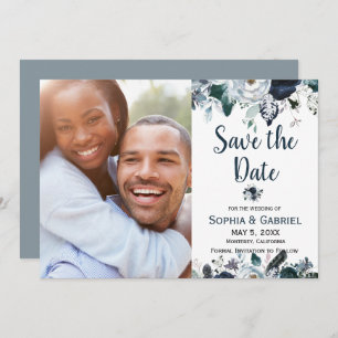 Save The Date Chic Navy Bleu Fleurs Blanches Mariage Enregistrer