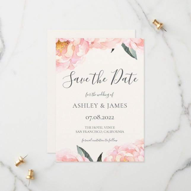 Save The Date Chic Pink Peony Calligraphie Enregistrer la date (Devant/Arrière en situation)