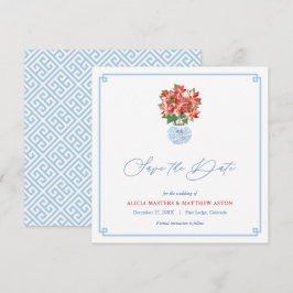 Save The Date Chic Red Poinsettia Chinoiserie Mariage de Noël