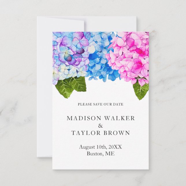 Save The Date Chic rose bleu aquarelle Floral Hydrangea Mariage (Devant)