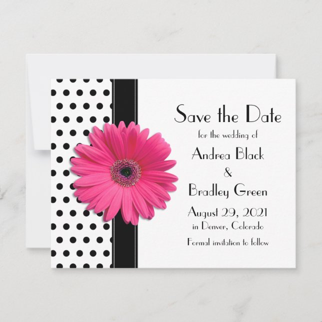Save The Date Chic rose Fleur noir et blanc Polka Dot (Devant)