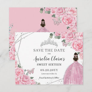 Save The Date Chic rose floral argent Quinceanera Sweet sixteen