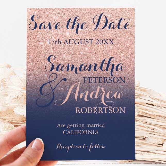 Save the Date Chic Rose Gold Glitzer blau Ankündigungspostkarte (Von Creator hochgeladen)