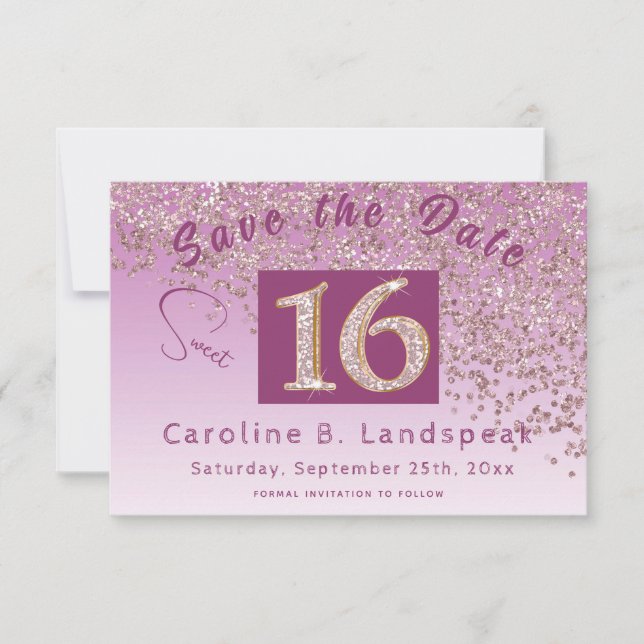 Save The Date Chic Rose Gold Parties scintillant Sweet 16 (Devant)
