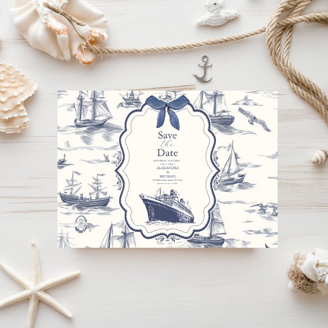 Save The Date Chic Toile Nautique de Jouy Bow Mariage (Créateur téléchargé)