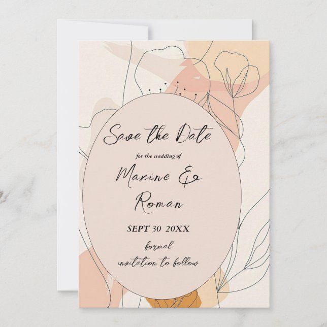 Save The Date Chic, tons roses avec fleurs noires et cadre (Devant)