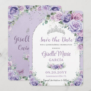 Save The Date Chic violet Lilac Floral Quinceañera Arc Argent