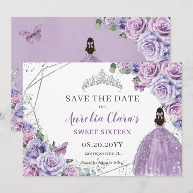 Save The Date Chic violet Lilac Floral Quinceanera Sweet sixteen (Devant / Derrière)