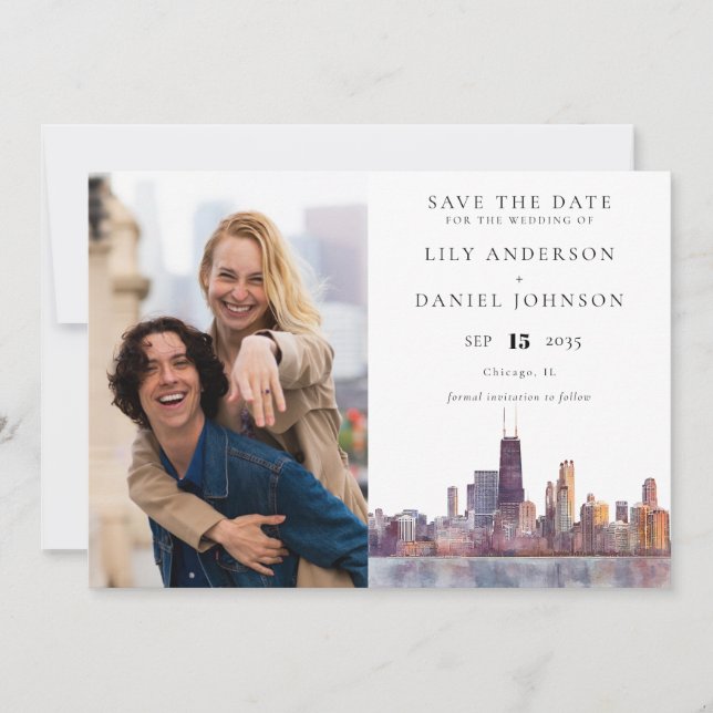 Save The Date Chicago Skyline Watercolor Photo Wedding (Devant)