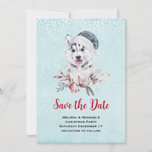 Save The Date Chien de Noël Husky dans un chapeau de Père Noël