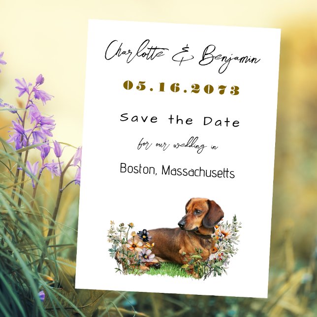 Save The Date Chien teckel et fleurs sauvages Enregistrez la dat (Créateur téléchargé)
