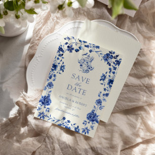 Save The Date Chinoiserie bleu profond Vintage Floral Mariage
