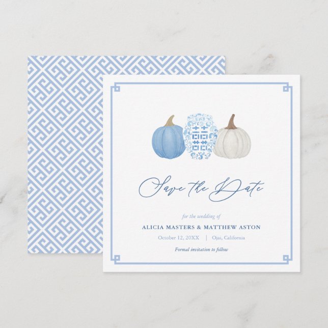 Save The Date Chinoiserie Citrouille de la chute Bleu et Blanc (Devant / Derrière)