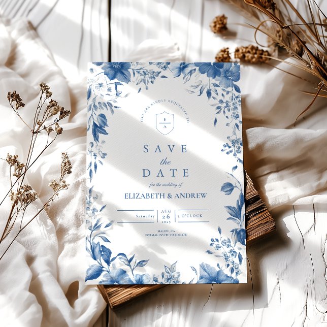 Save The Date Chinoiserie French Blue Victorian Floral Mariage (Créateur téléchargé)