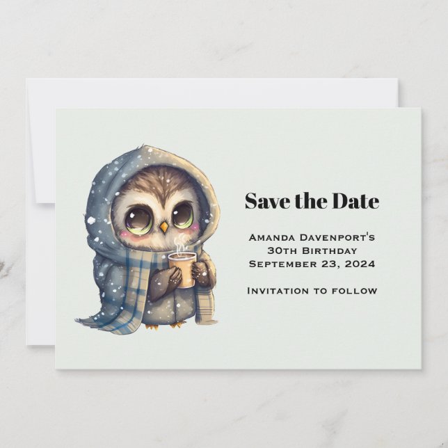 Save The Date Chouette mignonne en hiver avec café (Devant)