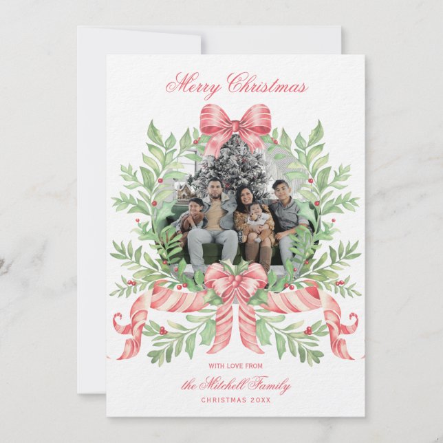 Save The Date Christmas Wreath Candy Cane Bow | Photo Card (Devant)