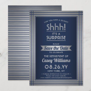 Save The Date Chut ! Surprise Retraite Party Élégant Marine Bleu