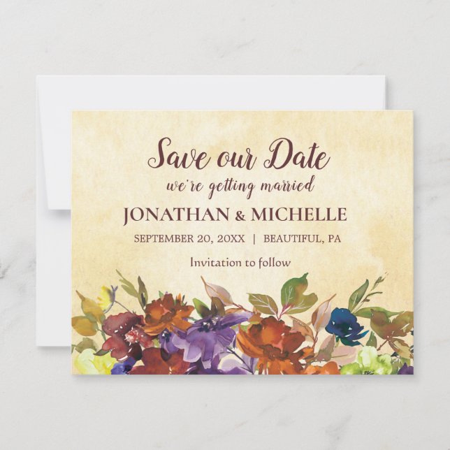Save The Date Chute Floral Violet Brûlé Orange Jaune Mariage (Devant)
