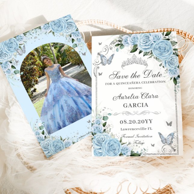 Save The Date Ciel clair bleu Floral Sweet 16 Quinceañera Photo (Créateur téléchargé)