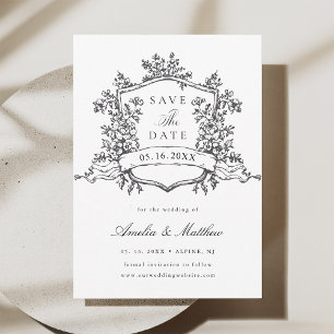 Save The Date Cimier floral classique Mariage noir et blanc