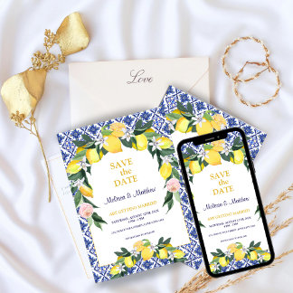 Save The Date Citron bleu italien Carreaux Mariage méditerranéen