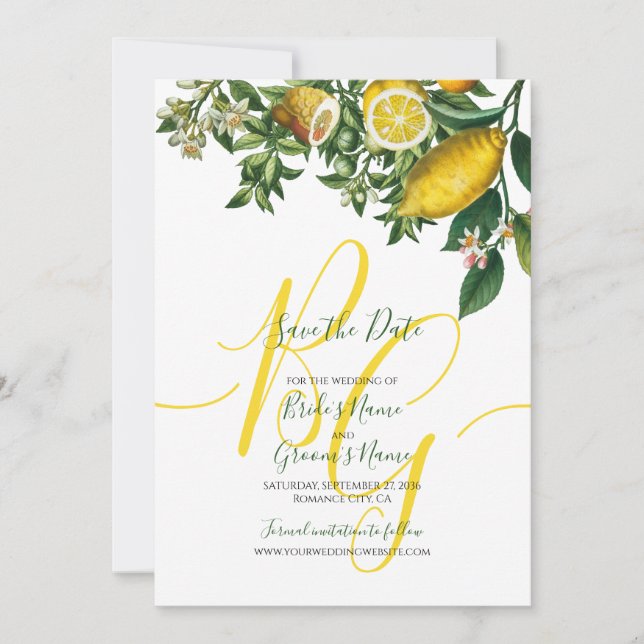 Save The Date Citron jaune rustique et feuillage Mariage de verd (Devant)
