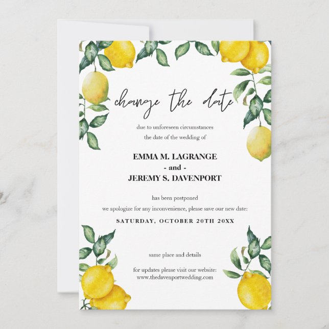 Save The Date Citrons Changer la date de mariage (Devant)