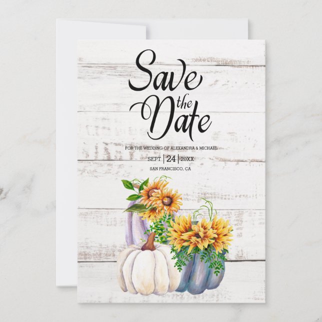 Save The Date Citrouille d'aquarelle en bois blanc rustique (Devant)