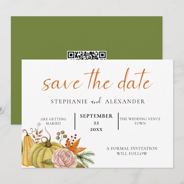 Save The Date Citrouille d'automne Floral Mariage QR Code (Devant / Derrière)
