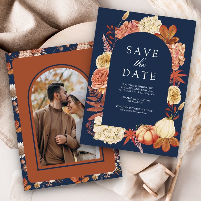 Save The Date Citrouille en terre cuite Floral Navy Mariage bleu (Créateur téléchargé)